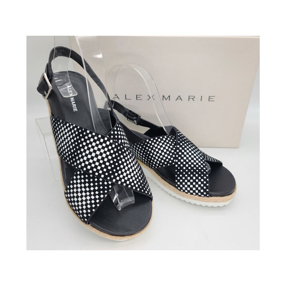 NIB Alex Marie Biciane Women 6.5M Cross-Band Leather Wedge Sandals Black/White